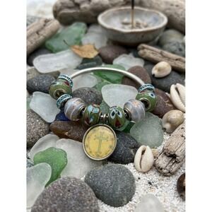 Cross Charm Murano Glass Lampwork Bead Silver Tone Cuff Bracelet Green Blue